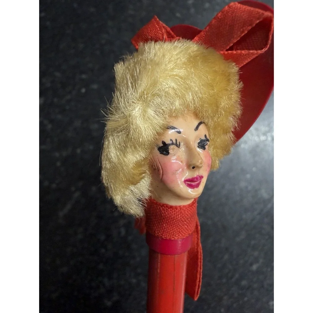 Vintage 1950s Novelty Doll Head Pencil Blonde Hair Red Hat Mid Century Figural